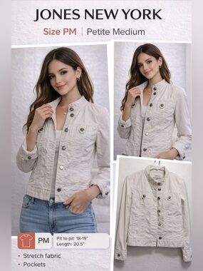 Jones New York Stretch Jacket Size PM Petite Medium Ivory Button Front